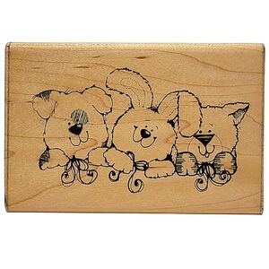 VTG 90s DOTS DJ Hook Critter Trio Rubber Stamp U101 1991 3"x4.5" Dog Bunny Cat